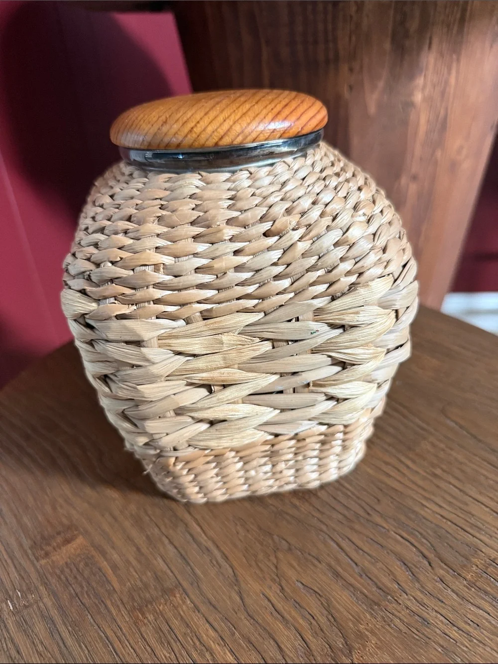 Small Glass Jar Woven Wicker Wrap with lid. Beautiful